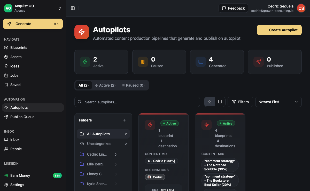 ACA Autopilots dashboard showing appointment setting sequences running on autopilot