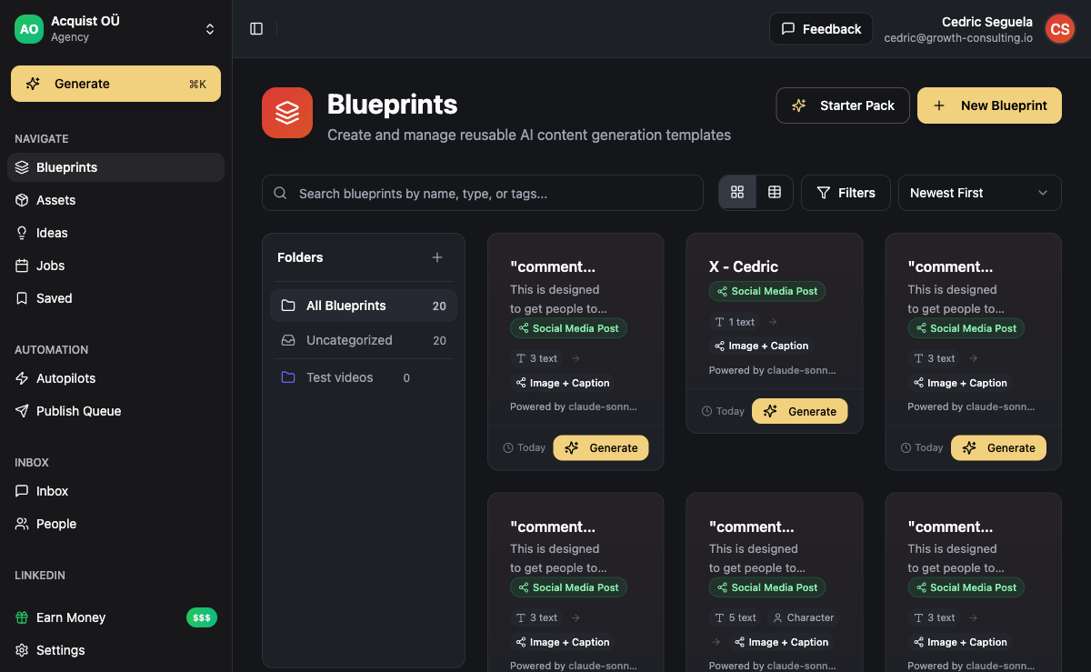 ACA Blueprints dashboard showing AI content generation templates including posts, carousels, newsletters, and video pipelines