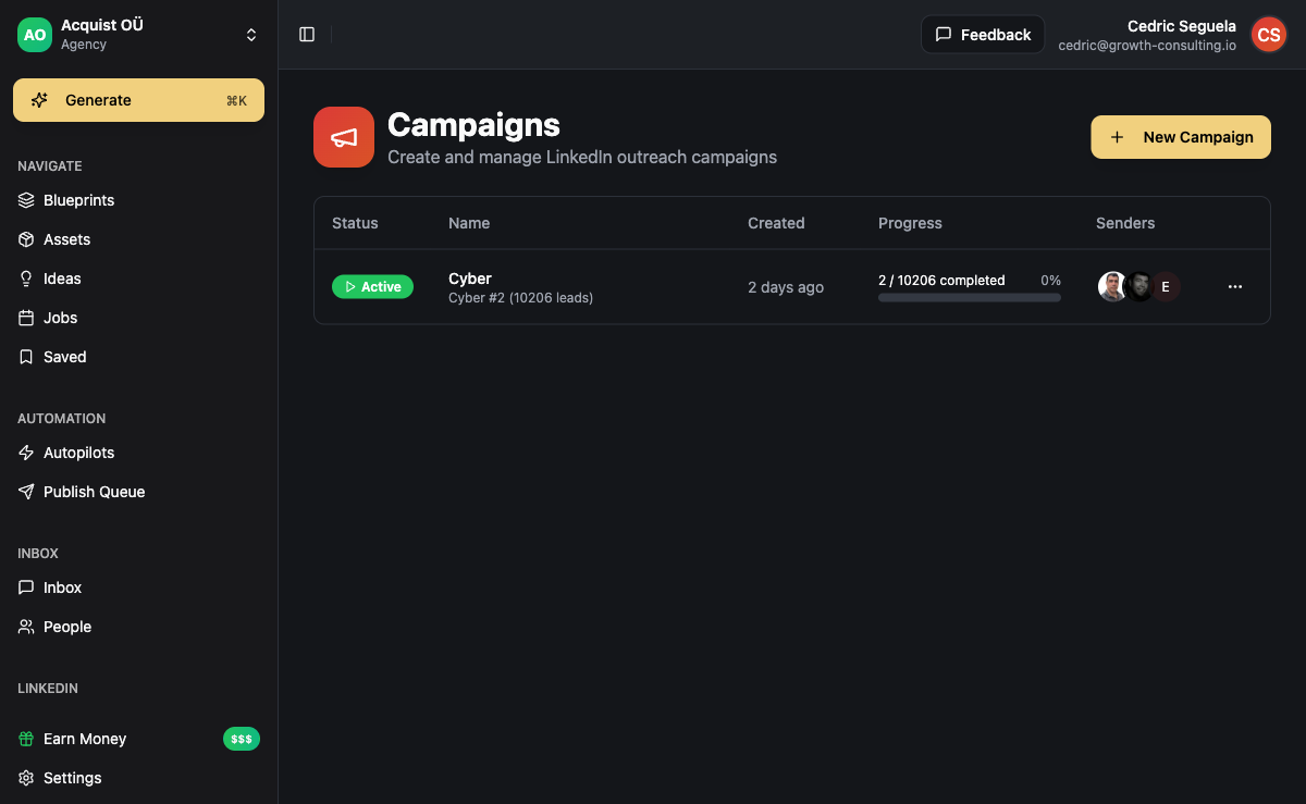 ACA Campaigns dashboard showing active multi-channel appointment setting campaign
